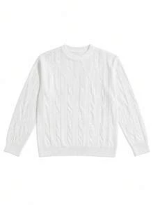 1 buah Sweater Rajut Tebal Leher Bulat untuk Anak Perempuan, Lengan Panjang Longgar Model Lentera, Manset Bergaris, Gaya Serbaguna yang Lembut dan Cocok untuk Semua Pakaian - Putih - View 3