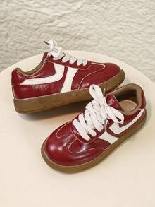 Girls' Burgundy Colorblock Striped Lace-Up Retro Gum Sole Versatile Casual Sneakers - Burgundy - View 3
