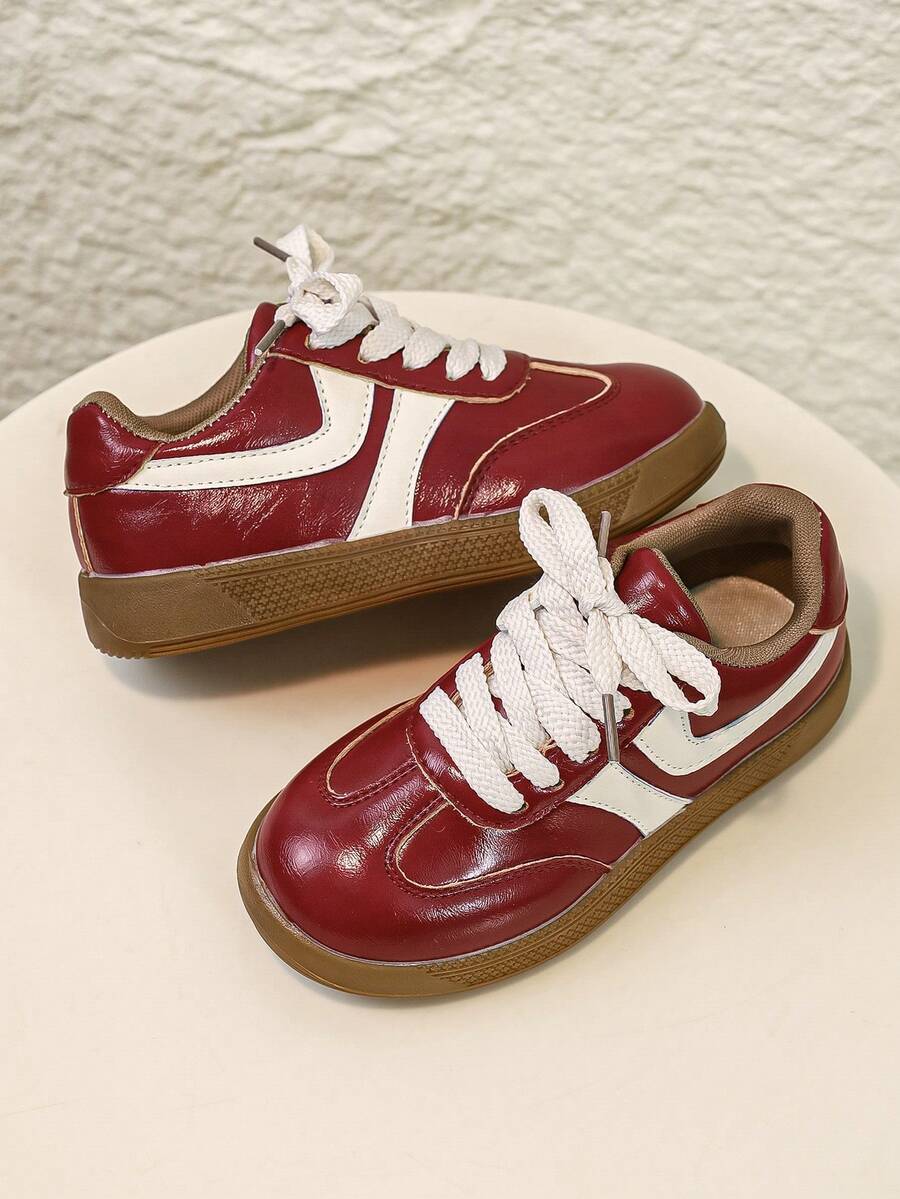 Girls' Burgundy Colorblock Striped Lace-Up Retro Gum Sole Versatile Casual Sneakers - Burgundy - View 1