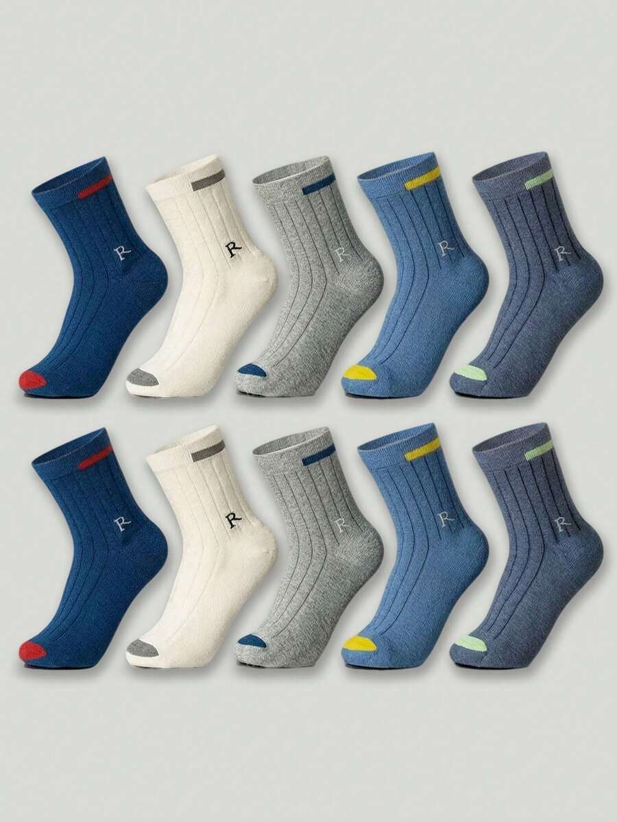10 Pairs Random Mixed Color Kids Socks With Letter Pattern, Boys Girls Baby Japanese Style Versatile Mid-Calf Socks, Suitable For Daily Casual Life - Multicolor - View 1