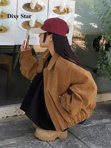 復古小眾寬鬆休閒口袋長袖棒球夾克外套上衣 - 卡其色 - 查看 4