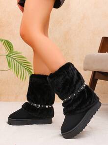 Women's Solid‑Color Mid‑Calf Platform Boots, Draping‑Style Long‑Plush Upper Trim, Faux‑Suede Boot Body With Silver‑Stud Decorative Buckle Side‑Strap - Black - View 1