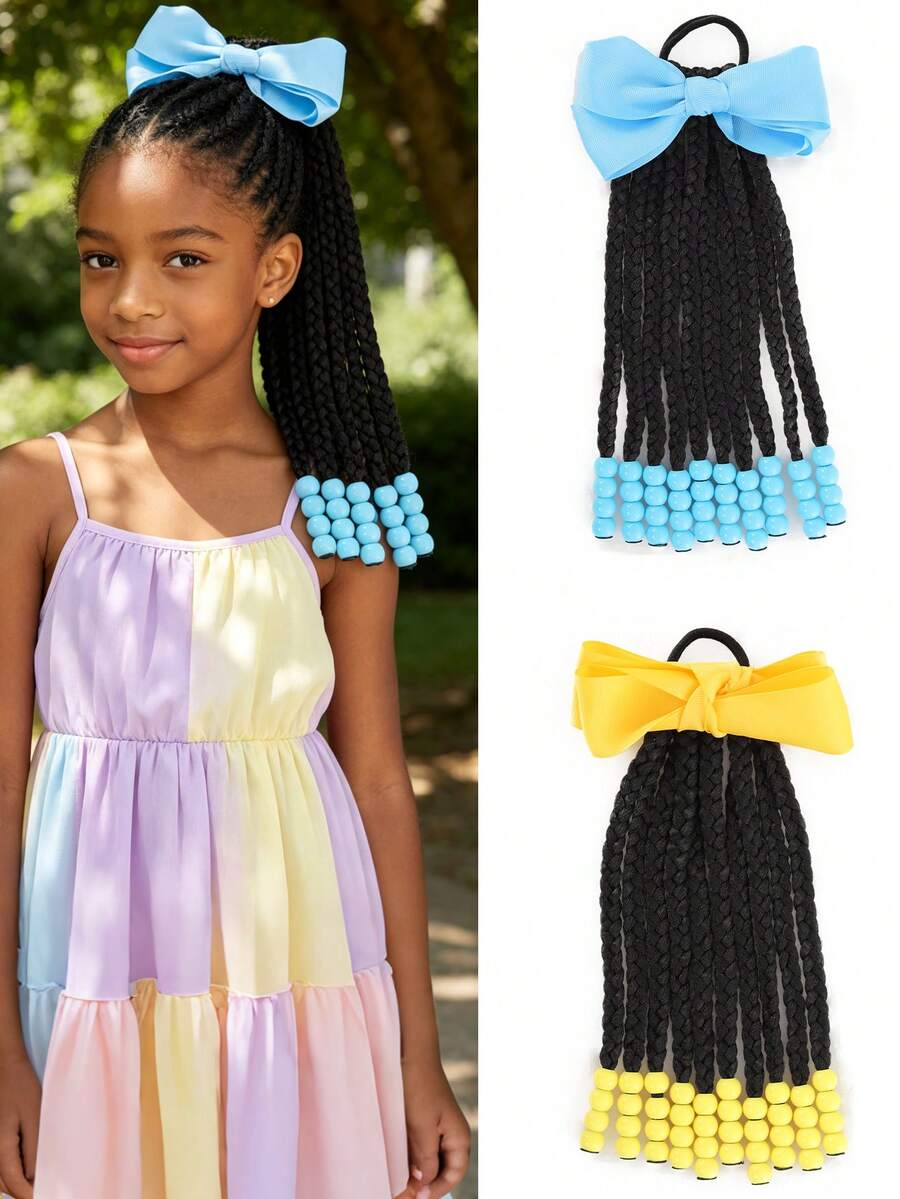 1pc Kids Black Curly Ponytail Wig With Beads, Elastic Synthetic Hair Extension - Multicolor - View 1
