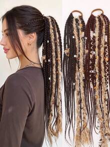 1 buah Wig Ekor Kuda Kepang Gaya Boho Hippie, Ekstensi Rambut Kepang Sintetis yang Dihiasi dengan Rumbai Benang, Manik-manik Kayu, dan Tabung Logam, Cocok untuk Festival Musik, Pesta Rave, dan Pemakaian Sehari-hari - MultiWarna - View 2
