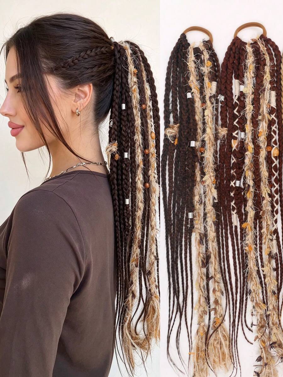 1 buah Wig Ekor Kuda Kepang Gaya Boho Hippie, Ekstensi Rambut Kepang Sintetis yang Dihiasi dengan Rumbai Benang, Manik-manik Kayu, dan Tabung Logam, Cocok untuk Festival Musik, Pesta Rave, dan Pemakaian Sehari-hari