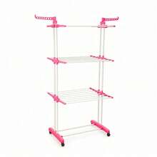 Shoze Foldable 3‑Tier Stainless Steel Laundry Drying Stand, Mobile Clothes Rack With Side Wings And Built‑In Wheels - Pink - View 1