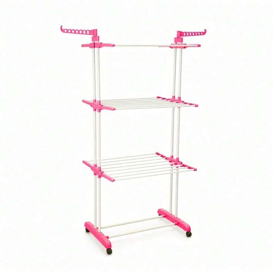 Shoze Foldable 3‑Tier Stainless Steel Laundry Drying Stand, Mobile Clothes Rack With Side Wings And Built‑In Wheels - Pink - View 1