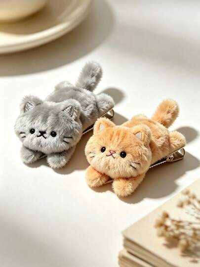 2 piezas de pinzas para el cabello de mujer con diseño de gato de peluche, pinzas de cocodrilo con muñeco de gato 3D lindo, accesorios para el cabello de peluche de dibujos animados suaves, accesorios diarios y para fiestas de mujer