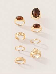 Valisandre 8pcs Vintage Geometric Jade Inlaid Ring Set, Women's Chunky Metal Gold Color Rings - Yellow Gold - View 2