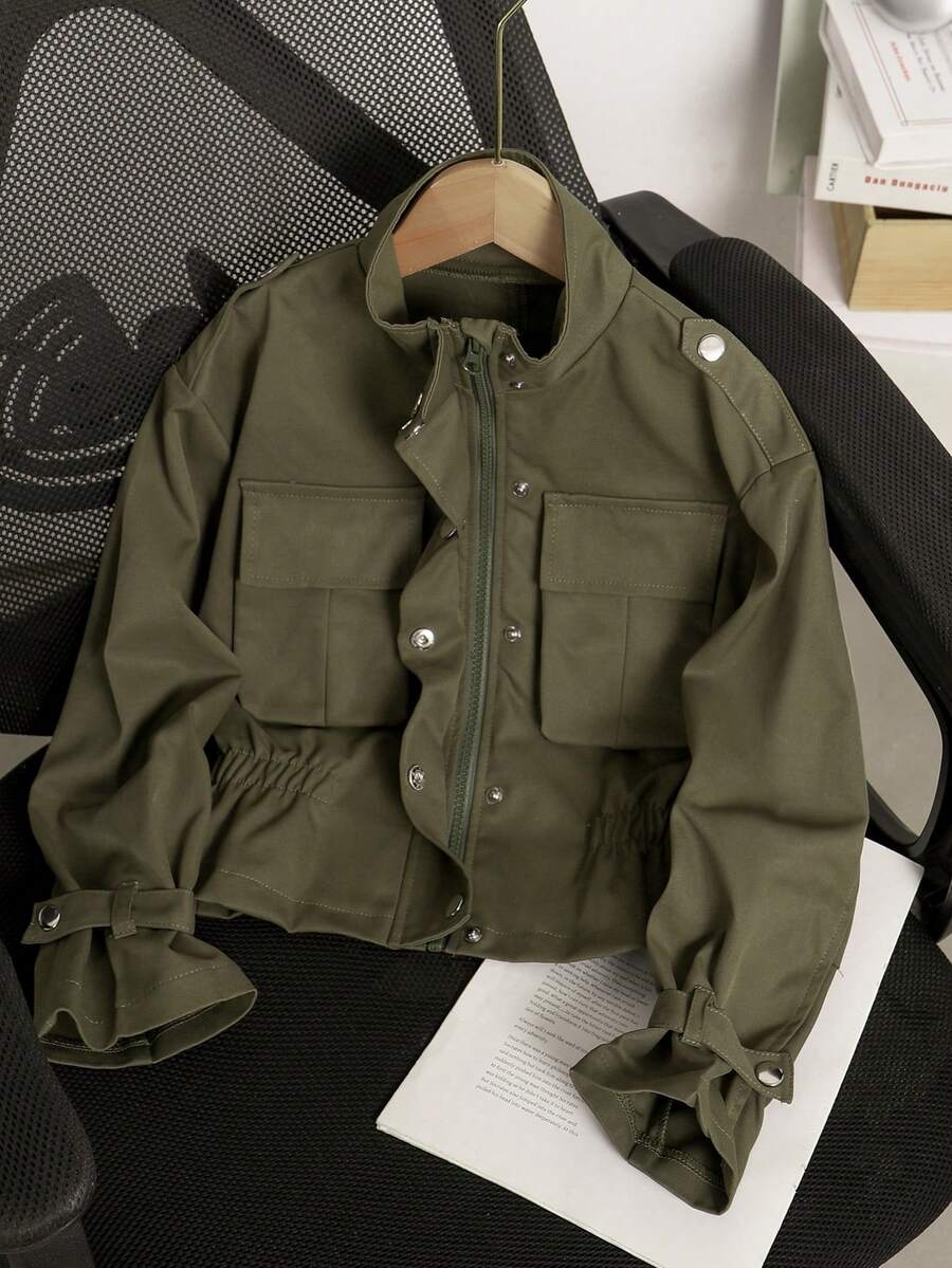 8-12 Years Tween Girl Spring/Autumn Fashion New Utility Style Pocket Design Small Stand Collar Long Sleeve Army Green Short Jacket Outerwear Top - Army Green - View 1