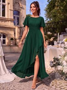 EVERPRETTY Elegant And Graceful Green Chiffon Bridesmaid Dress, Round Neckline, Ruffle Short Sleeves, Mid-Length Asymmetrical Ruffle Design Wedding Fall - Dark Green - View 7