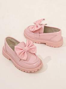 Girls' Shiny Pink Slip-On Loafers, Thick Sole, Non-Slip, Simple Versatile British Style Shoes - Pink - View 4