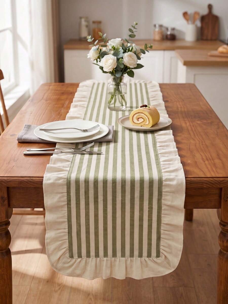 1pc American Country Style Simple Ruffle Edge Striped Table Runner, Rectangular Table Cloth For Home Kitchen Dining Table, Tea Table, TV Cabinet, Entryway, Multi-Functional Cover, Suitable For Holiday Gatherings, Birthday Parties, Wedding Dinners, Restaurant, Living Room, Coffee Table Mat, Home Decor, Room Decor, All Seasons - Green - View 1