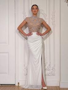 Modphy Luxury High Neck Sheer Mesh Beaded Rhinestone Mermaid Evening Gown, White Pleated Slim Fit Long Party Dress - Apricot - View 4