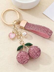 1pc/Set Exquisite Luxury Full Rhinestone Cherry Pearl Heart Keychain, Fashionable Elegant Cherry Keychain Light Luxury Niche Rhinestone Car Keychain Bag Decoration Accessory, High-End Metal Keychain Accessory, Girls' Favorite Gift - Multicolor - View 8