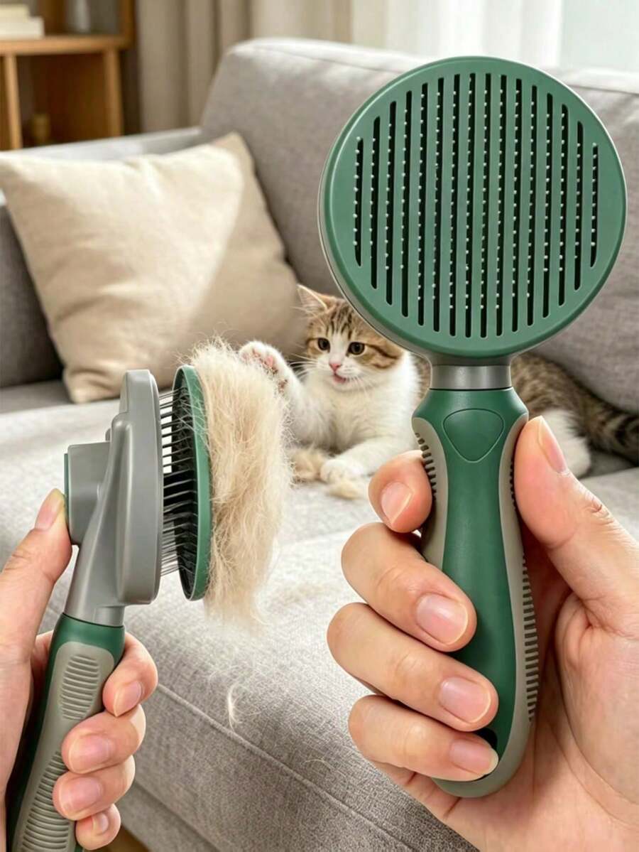 مشط كلاب من الفولاذ المقاوم للصدأ، إزالة الشعر بنقرة واحدة، مع مقبض مريح وعملي، يستخدم لإزالة الشعر العائم والمتشابك عند تنظيف الحيوانات الأليفة، مناسب لتنظيف القطط والكلاب ذات الفراء