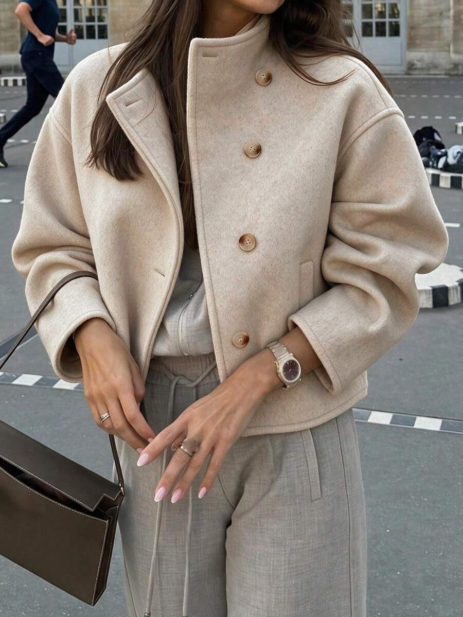 Autumn/Winter Classic Lapel Long Sleeve Loose Mid-Length Wool Coat, Casual Everyday Style - Apricot - View 1