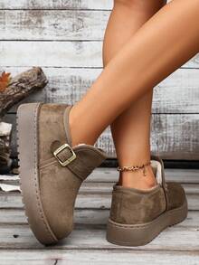 Solid Color Metal Buckle Strap Faux Suede Platform Slip‑On Low‑Top Winter Snow Boots Women - Khaki - View 2