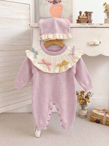Baby Girl Spring/Autumn Knitted Romper Set, Taro Purple Textured Ribbed Wavy Ruffle Peter Pan Collar Colorful Ribbon Bow Crawler - Lilac Purple - View 3