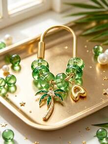 Palm Tree Golden Letter Pendant Keychain, Green Transparent Bead U-Shaped Keychain Ring, Arabic Theme Women's Pendant, Multi-Functional Decoration For Handbags, Backpacks, Car Keys, Wallets, National Day Party Gift And Souvenir, Suitable For Christmas, Thanksgiving, New Year, Birthday Gifts - Multicolor - View 8