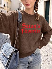 Plus Size Women's Faux Sweater, Gothic Letter Print, Fashion Casual Top, Suitable For Autumn/Winter, Daily Wear And Gift Choice - Coffee Brown - View 4
