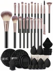 43Pcs All‑In‑One Makeup Tool Set,20Pcs Soft Synthetic Makeup Brushes,Multi‑Size Cosmetic Sponges,Triangle Finger & Remover Puffs,Mini Sponges,Brush Cleaner Bowl,Versatile Cosmetic Applicators For Powder Liquid Daily Facial Makeup - Black - View 12