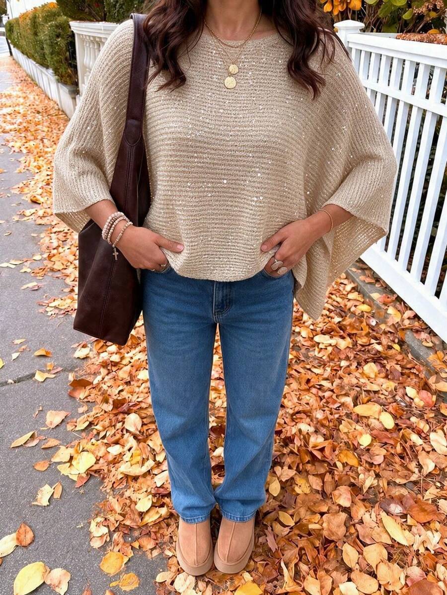 FOR BEAUTY Summer Autumn Y2K Women's Sequin Knit Asymmetric Short Cape Top, Suitable For Beach Vacation, Pool Party, Casual Outing - Deep Apricot - View 1