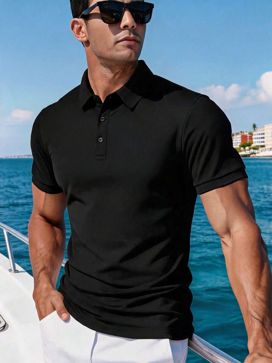 Men's Summer Solid Color Fashion Casual Business Polo Shirt - Black - View 1