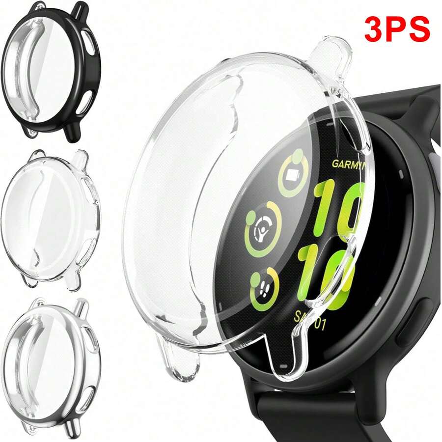 3 عبوات واقي شاشة متوافق مع Vivoactive 5، بطانية حماية TPU ناعم مطلي بالكامل، مقاوم للخدش، أسود/فضي/شفاف - أسود/شفاف/فضي - مشاهدة 1