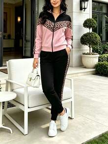 Setelan 2 Potong Atasan Lengan Panjang dan Celana Motif Leopard Blok Warna Terbaru Musim Semi, Gugur, dan Musim Dingin - Merah muda+Hitam - View 2