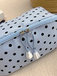 Macaron Color Block Polka Dot Large Opening Makeup Bag, Blue And Pink Dual Color Options, Multi-Compartment Handheld Fabric Travel Toiletry And Skincare Storage Bag - Multicolor - View 8