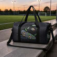 Soccer Ball And Sneaker Print Duffel Bag For Boys And Teens, Gray Zip Travel Holdall With Top Handles And Shoulder Strap For Sports And Weekend Trips - BALL-34 - View 2