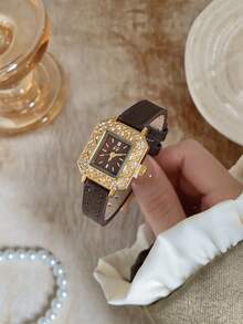 1pc Square Gold Case Brown Dial Rhinestone Bezel Coffee PU Strap Watch, Compact Design, Suitable For Daily Wear, Perfect Choice For Business Occasions - Coffee Brown - View 3