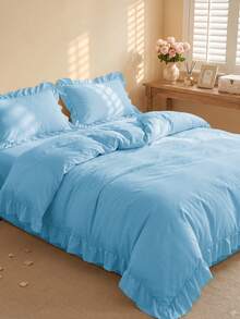 Set Sprei Selimut Berumbai 2/3 pcs, Perlengkapan Tidur Asrama, Set Sprei Warna Polos, Dekorasi Kamar, Ramah Kulit dan Bernapas, Sangat Lembut dan Anti-Pilling, Sprei Ukuran Twin XL, Isi Selimut Tidak Termasuk, Cocok untuk Ukuran Twin, Full, King, Queen, Sepanjang Musim, Dapat Dicuci dengan Mesin, Kembali ke Sekolah - Biru langit - View 5