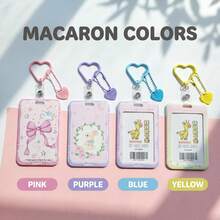 Macaron Heart Card Holder Keychain, Student ID Card Protector, Cartoon Cat & Rabbit Print Card Sleeve, Detachable Backpack Charm - Multicolor - View 2