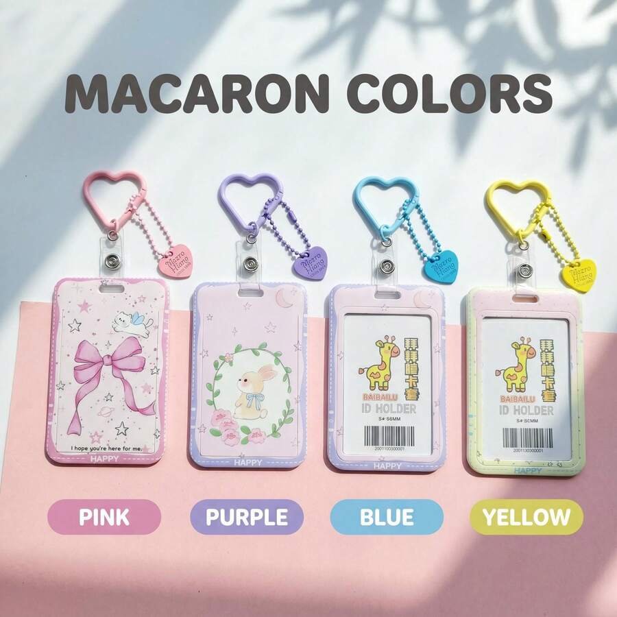 Macaron Heart Card Holder Keychain, Student ID Card Protector, Cartoon Cat & Rabbit Print Card Sleeve, Detachable Backpack Charm