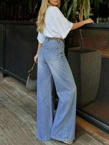 Light Blue Washed Brushed Mid-High Waist Wide Leg Jeans For Women, Cotton Warm Brushed Loose Drape Floor Length Casual Denim Pants - Light Wash - View 4