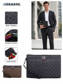 Men's Water-Resistant PU All-Over Letter Print Clutch Wallet, Multi-Card Slot Multi-Compartment Zipper Pouch With Wrist Strap, Large Capacity Business Handbag For Documents And Phone - Multicolor - View 2