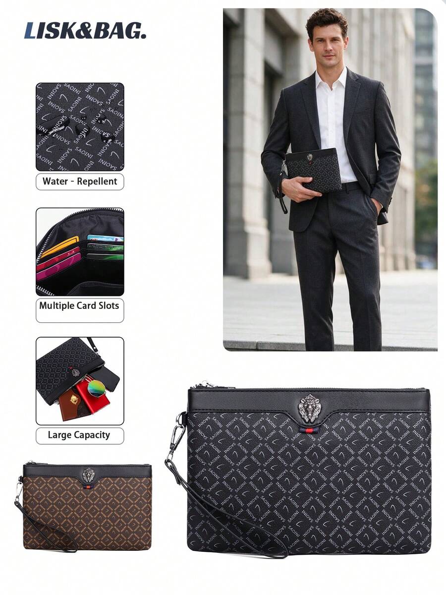 Men's Water-Resistant PU All-Over Letter Print Clutch Wallet, Multi-Card Slot Multi-Compartment Zipper Pouch With Wrist Strap, Large Capacity Business Handbag For Documents And Phone
