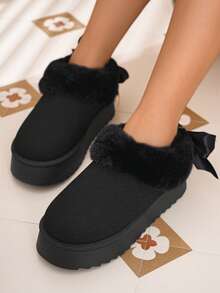 Solid Color Faux Fur Collar Bow Pearl Pendant Decor Faux Suede Platform Ankle Snow Boots Women - Black - View 2