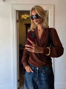 Elegant French Style Contrast Lace Draped Evening Date Spring Autumn Women's Blouse - Rust Brown - View 3
