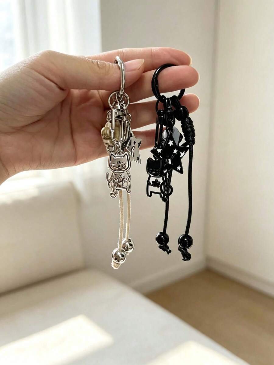 Cute Cat Keychain Charm Featuring A Star-Beaded Cord Design; A Y2k-Style Bag Charm, Handbag Accessory, Or Holiday Gift.