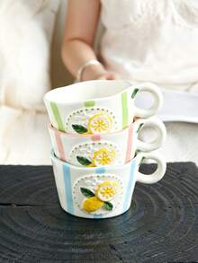3D Embossed Lemon Ceramic Cup, Hand-Painted Striped Coffee Mug, Cute Asymmetrical Wavy Edge Tea Cup, Microwave And Dishwasher , Fun Fruit Drinkware Kitchen Gift, Christmas Present - Multicolor - View 9