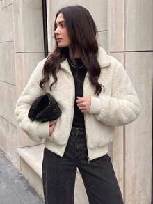 Da Jade Women Fall Winter Fuzzy Zip Up Stand Collar Cropped Jacket Ribbed Cuff Hem Long Sleeve Warm Outerwear Chic Cozy Street‑Style Minimalist Urban - White - View 5