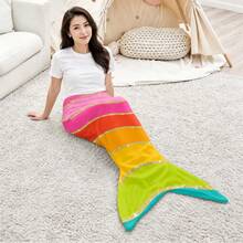 1pc Rainbow Colorful Fish Scale Mermaid Tail Print Soft Flannel Blanket, Skin-Friendly Warm Throw, Delicate Comfortable Sleep Blanket, Suitable For Sofa Relaxation, Home Leisure, Outdoor Beach, Bedroom Nap - Multicolor - View 1
