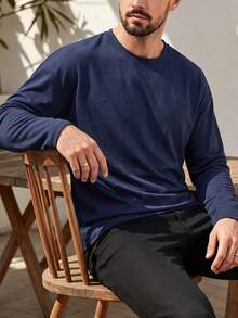 ALTZTAR Men's Solid Color Casual Crew Neck Drop Shoulder T-Shirt - Navy Blue - View 2