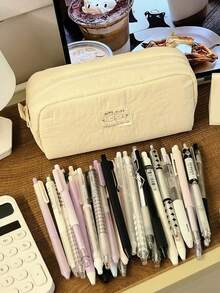 1pc Minimalist Lucky Milk Foam Pencil Case, Large Capacity Desktop Pencil Case, Multi-Pocket Layered Storage Design, Stationery Bag, Can Store Calculator, Laptop And Pens, Suitable For School, Office And Travel - Multicolor - View 5
