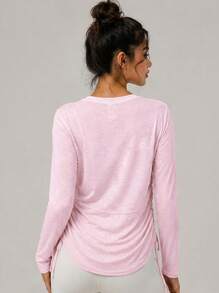 Never me Women's Sports Top With Drawstring Sides, Loose And Comfortable, Daily Running, Workout, Pilates, Yoga, Long Sleeve T-Shirt, Solid Color, Semi-Sheer - Pink - View 6