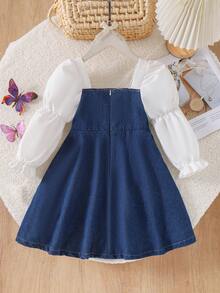 1pc Girls Elegant White Bow Decor Patchwork Sleeve Dress, Autumn - Blue - View 2