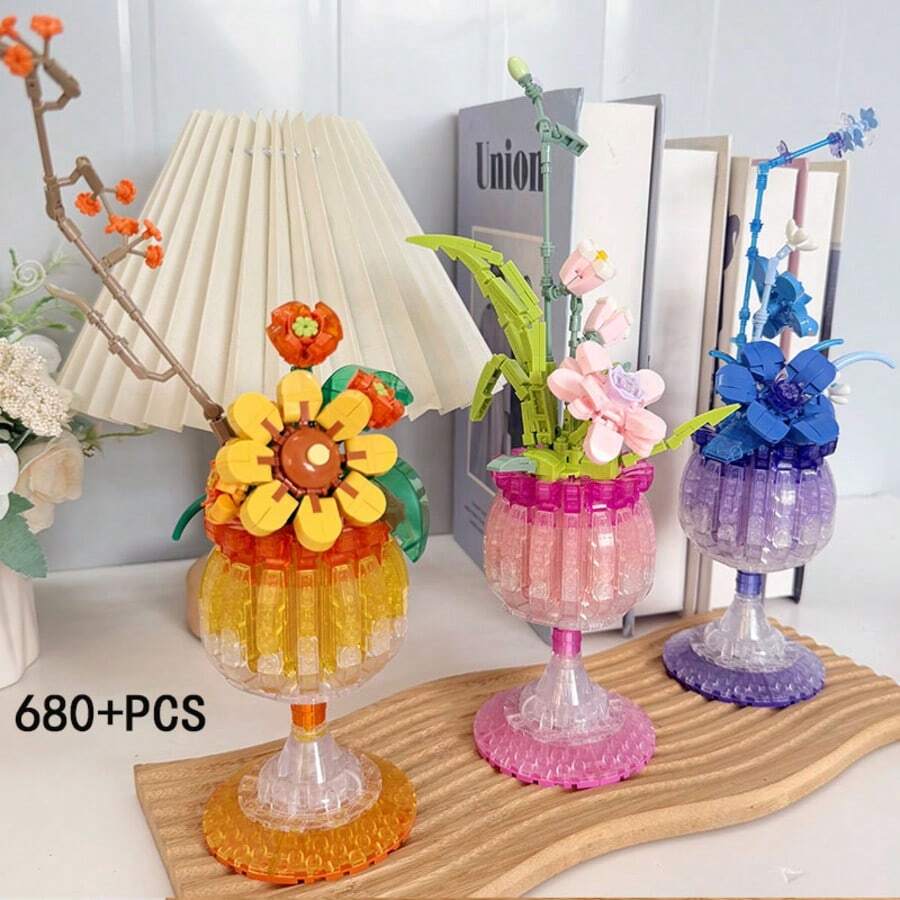 Set Balok Bangunan Bunga Buatan 688/685/650pcs Vas Gelas Anggur Tinggi Transparan Model Buket DIY, Dekorasi Meja Rumah, Hadiah Koleksi Liburan Sempurna untuk Teman dan Keluarga - MultiWarna - View 1